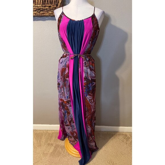 Ella Moss Silk Maxi Dress M Medium Tiered Sleeveless Flowy Pinks Purples Belted - Picture 3 of 15